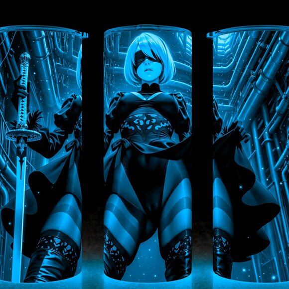 Glow in the Dark Nier Automata 2B with Samurai Sword Gaming Cup Mug Tumbler 20oz - Picture 1 of 4